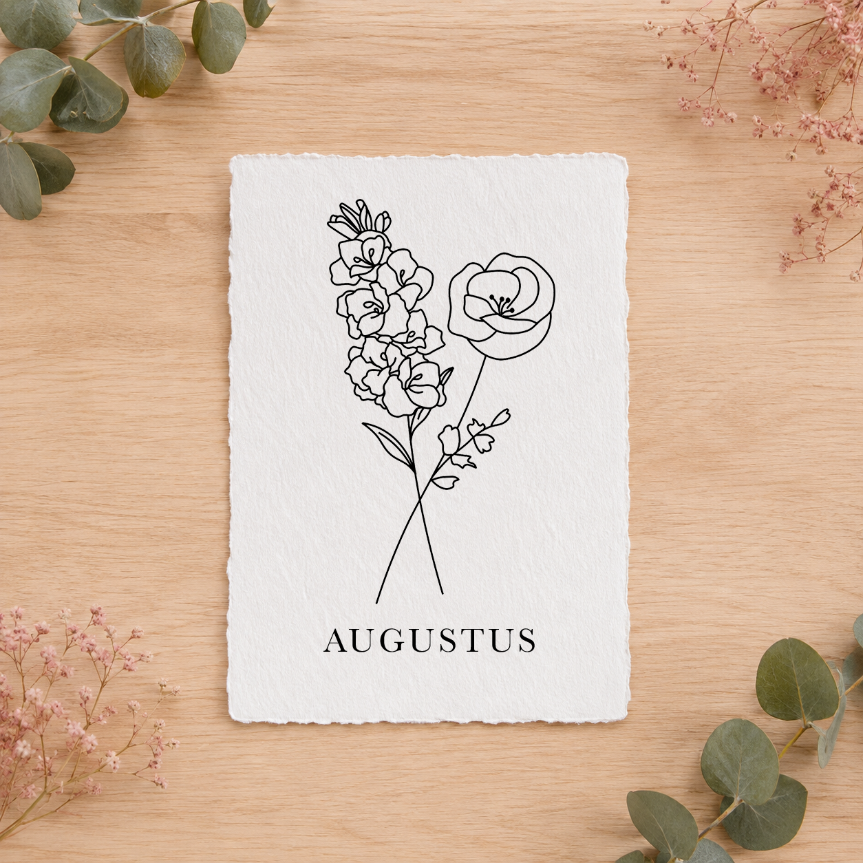 Geboortebloemenkaartje Augustus | Gedrukt op Handgeschept Katoenpapier