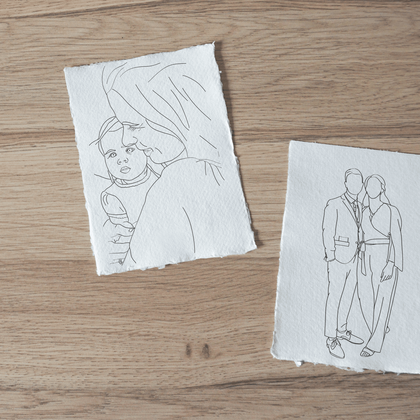Portret Line Art Illustratie (1-2 personen) Op Handgeschept Katoenpapier