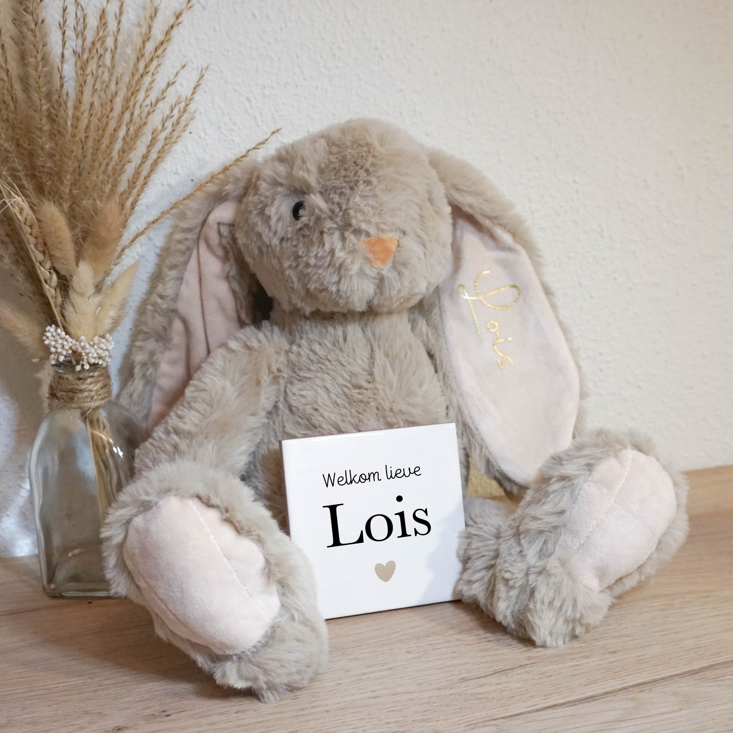 Gepersonaliseerd Knuffelkonijn Beige + Geboorte tegeltje | Uniek kraamcadeau