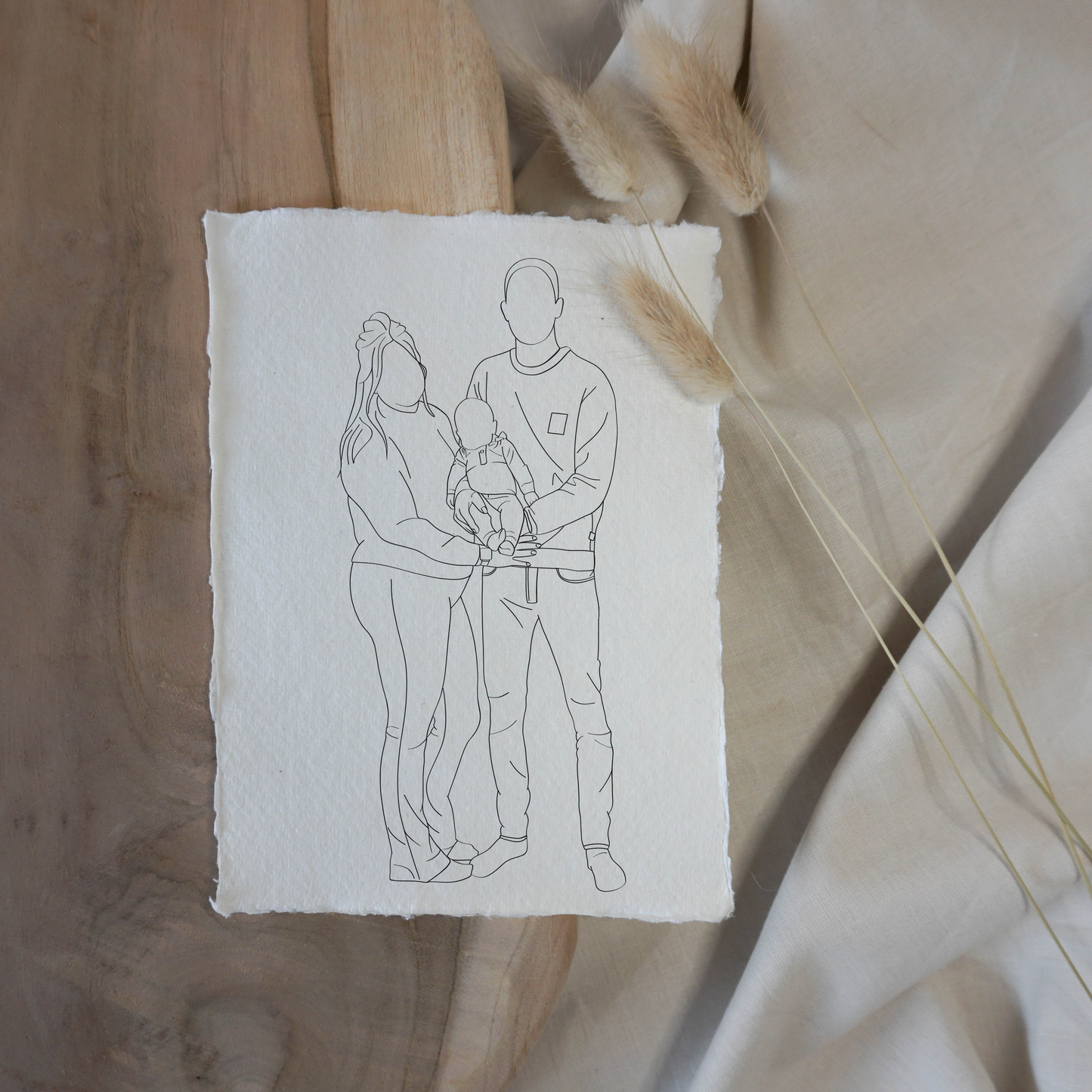 (Familie) Portret Line Art Illustratie (3-5 personen) Op Handgeschept Katoenpapier