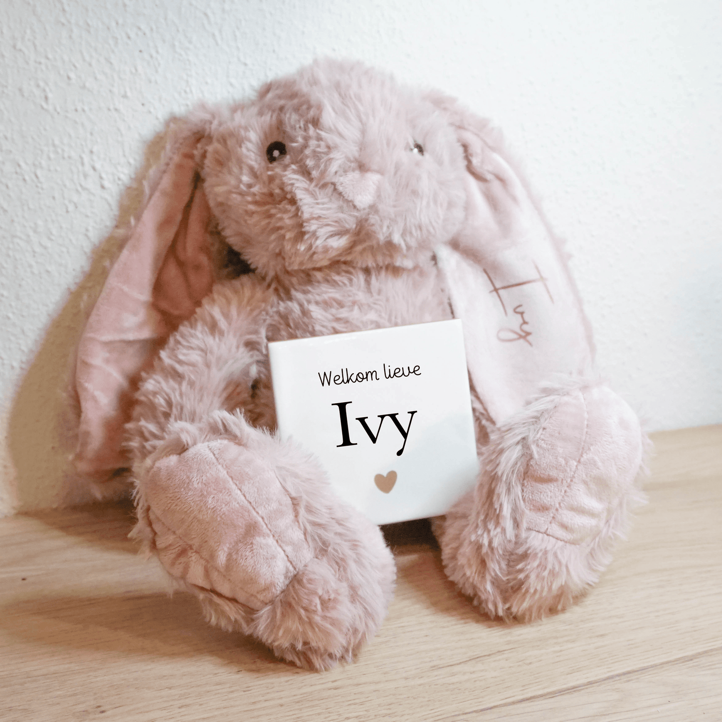 Gepersonaliseerd Knuffelkonijn Roze + Geboorte tegeltje | Uniek kraamcadeau