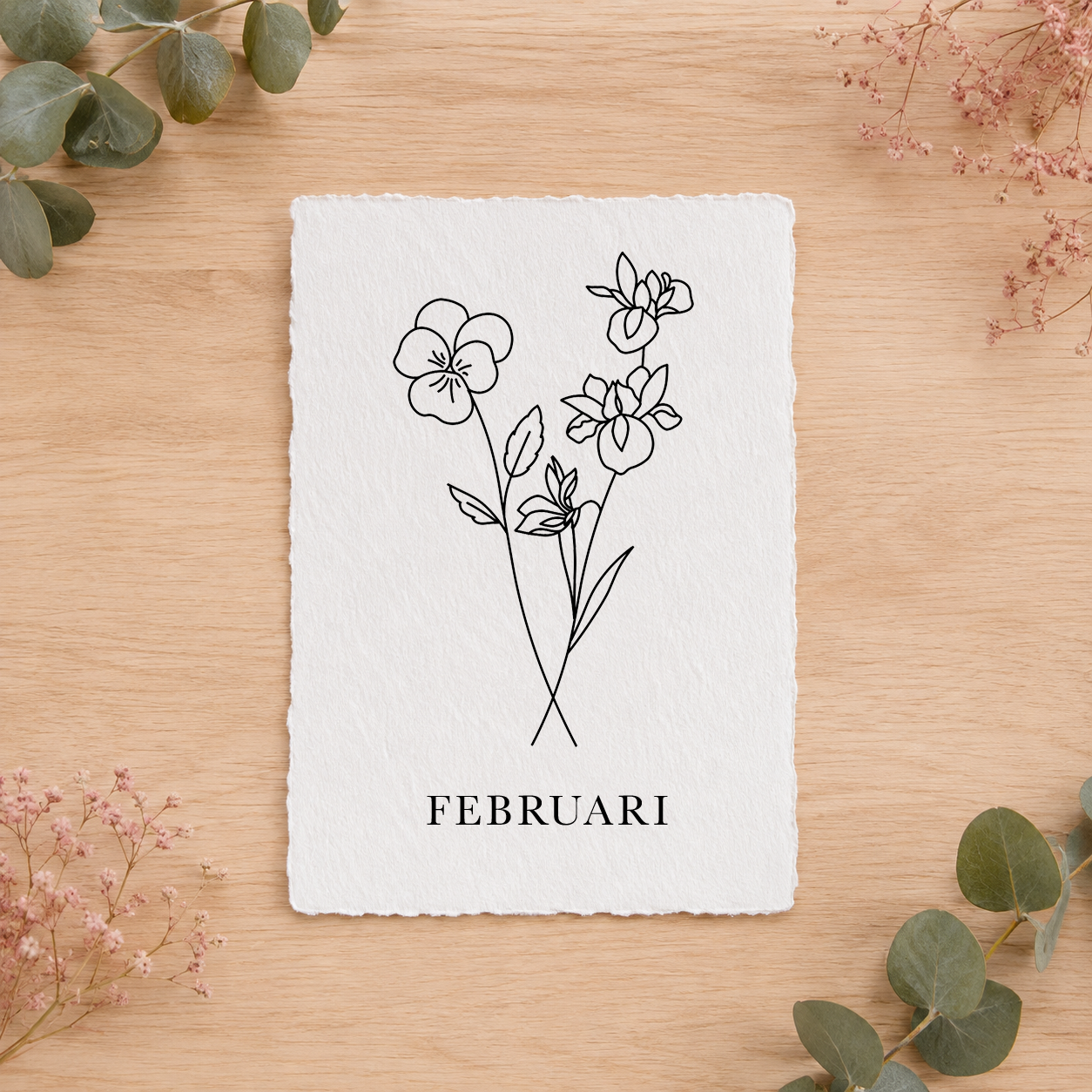 Geboortebloemenkaartje Februari | Gedrukt op Handgeschept Katoenpapier