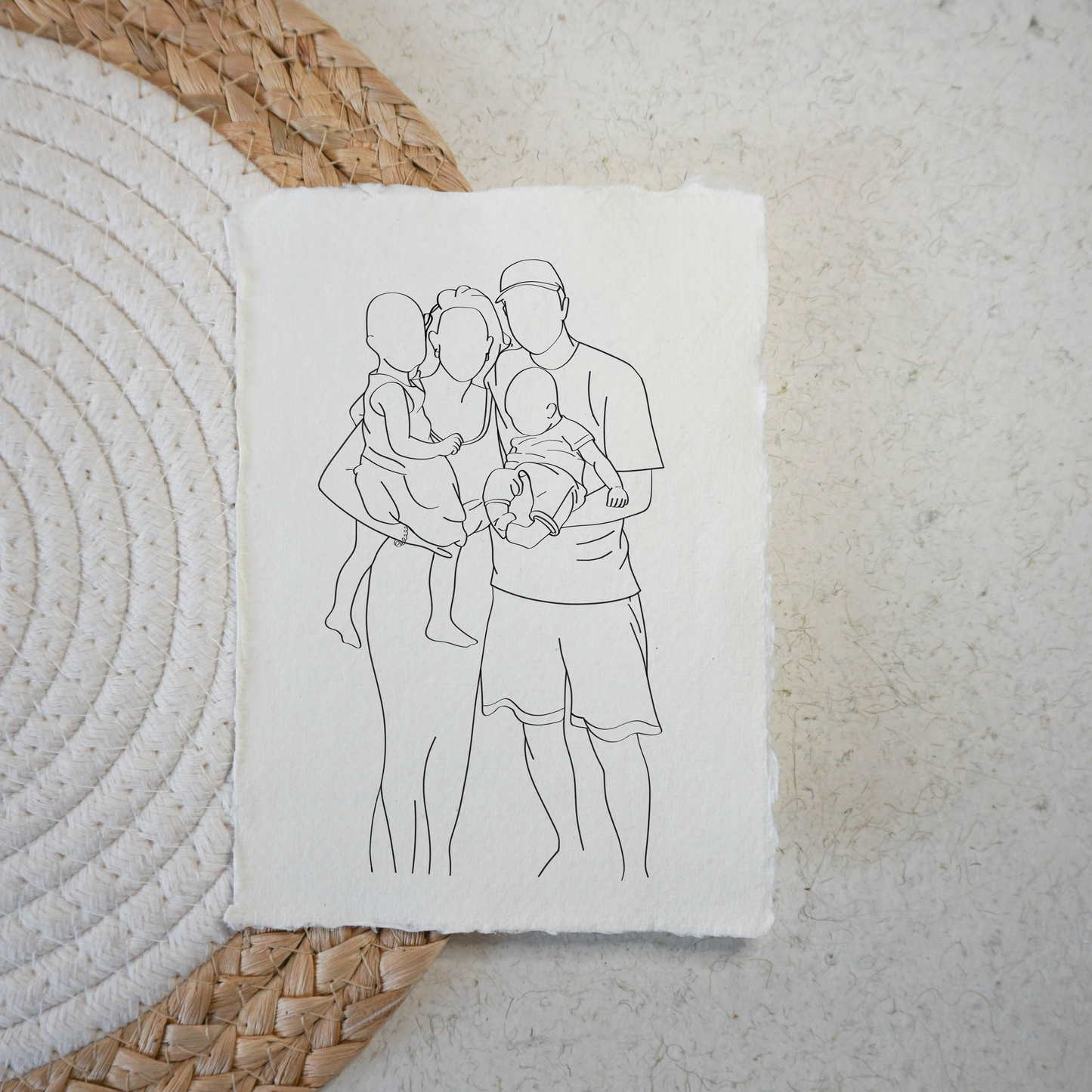 (Familie) Portret Line Art Illustratie (3-5 personen) Op Handgeschept Katoenpapier
