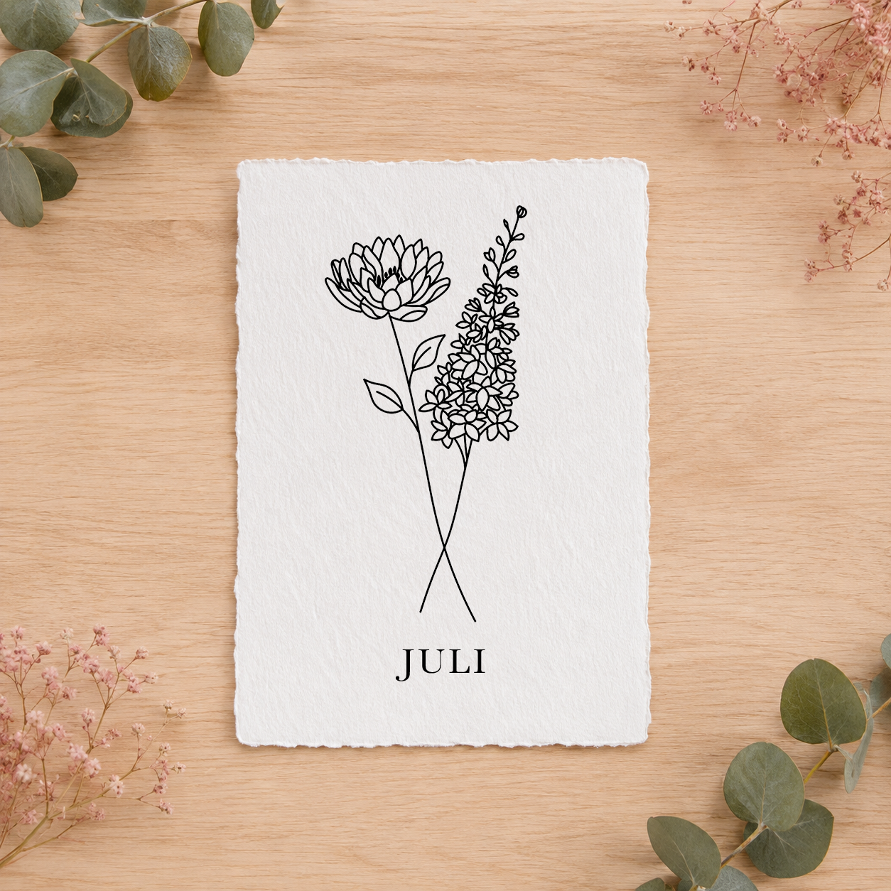 Geboortebloemenkaartje Juli | Gedrukt op Handgeschept Katoenpapier