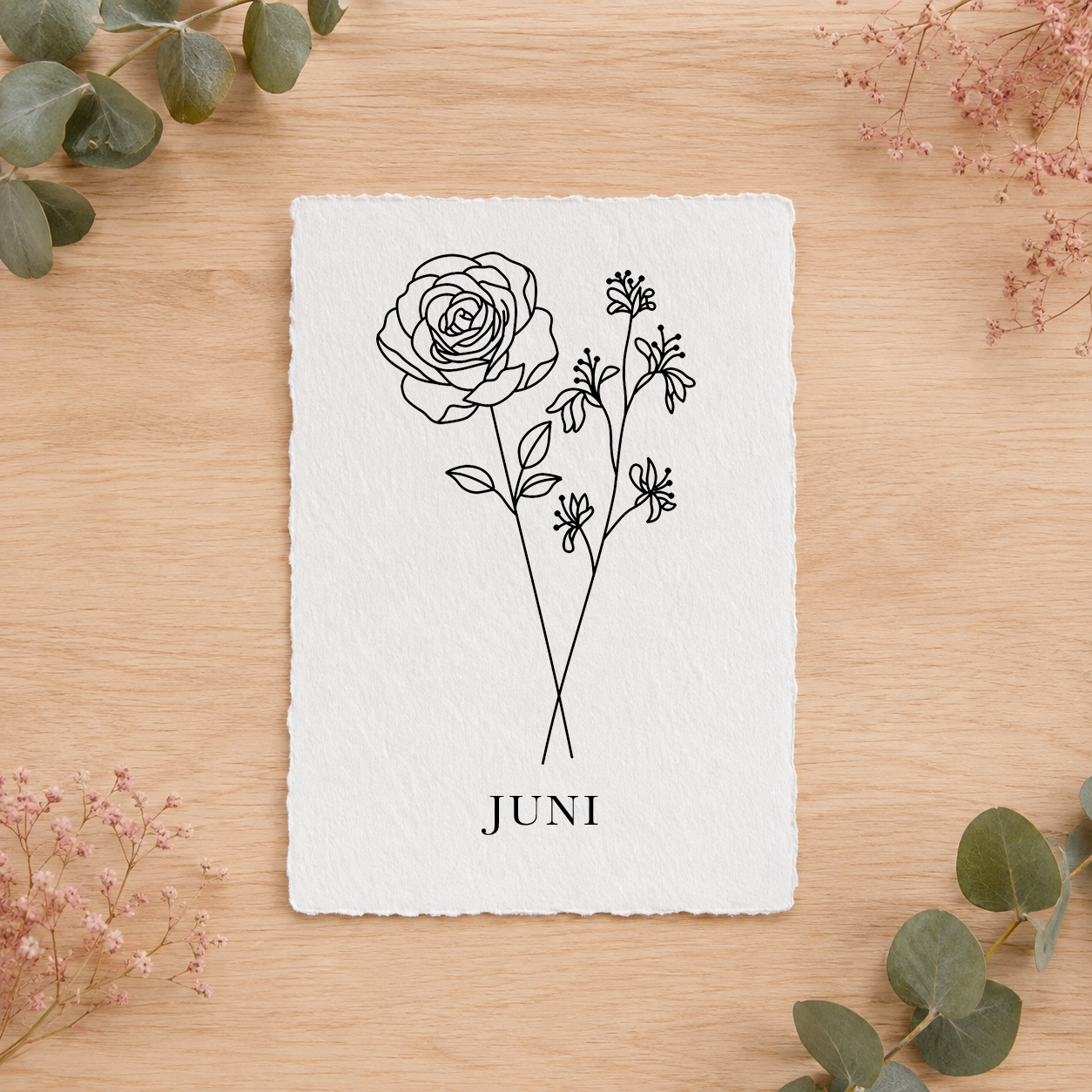 Geboortebloemenkaartje Juni | Gedrukt op Handgeschept Katoenpapier