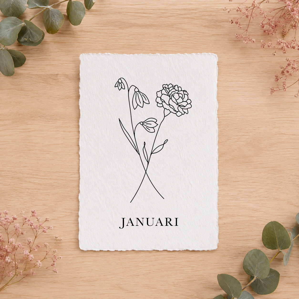 Geboortebloemenkaartje Januari | Gedrukt op Handgeschept Katoenpapier