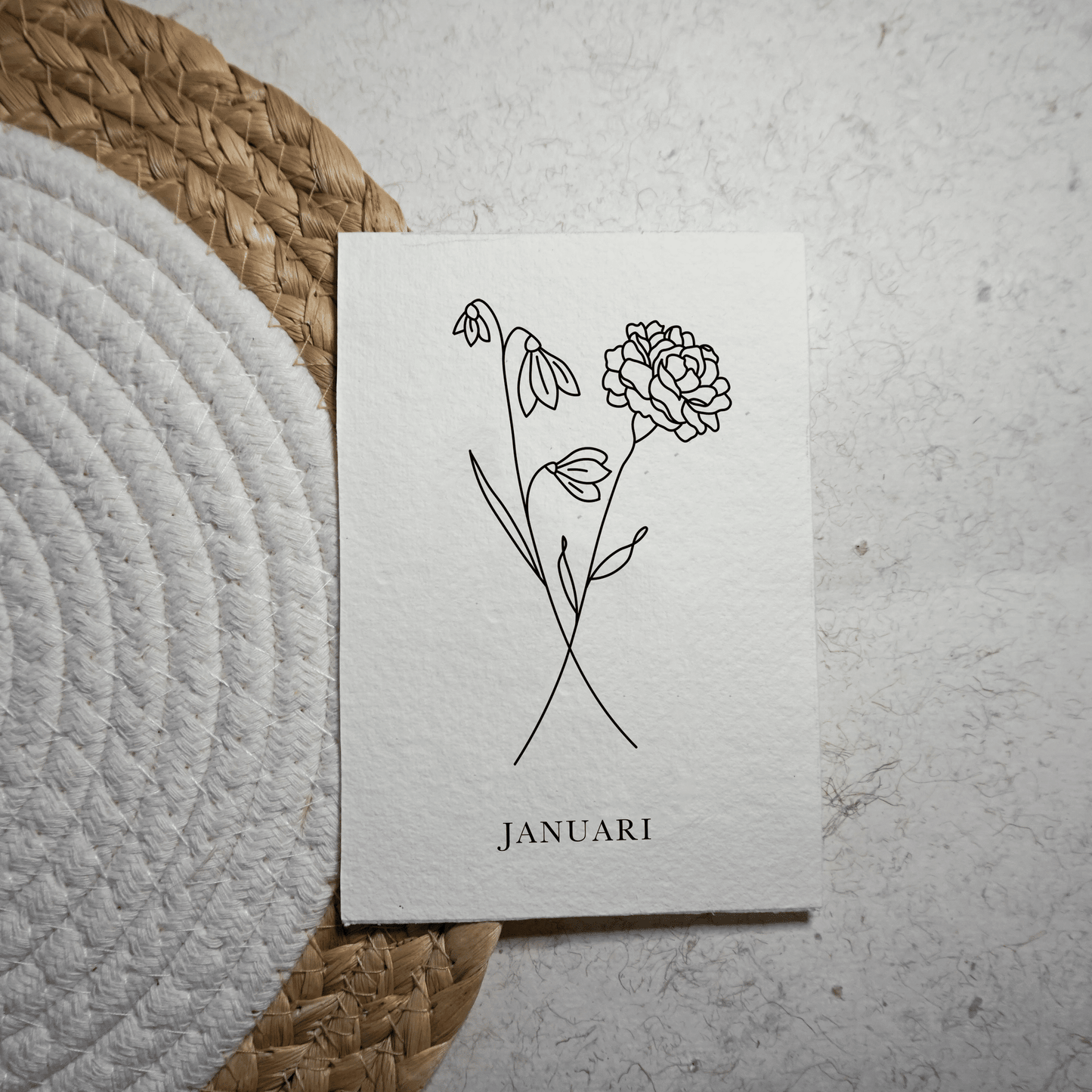 Geboortebloemenkaartje Januari | Gedrukt op Handgeschept Katoenpapier