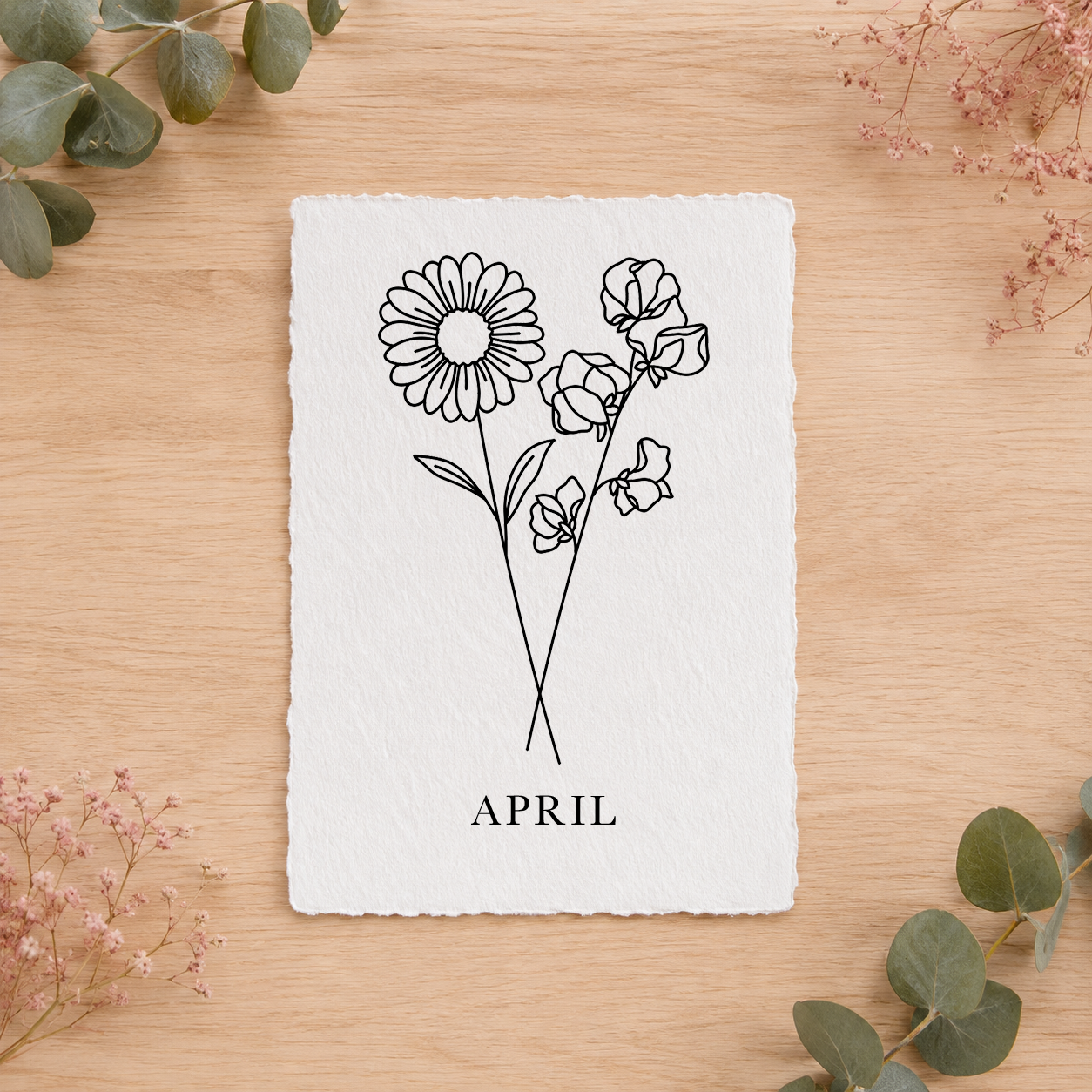 Geboortebloemenkaartje April | Gedrukt op Handgeschept Katoenpapier