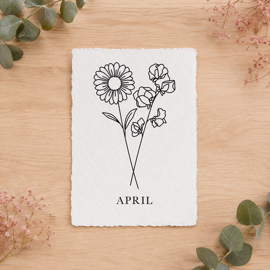 Geboortebloemenkaartje April | Gedrukt op Handgeschept Katoenpapier