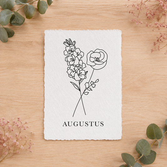 Geboortebloemenkaartje Augustus | Gedrukt op Handgeschept Katoenpapier