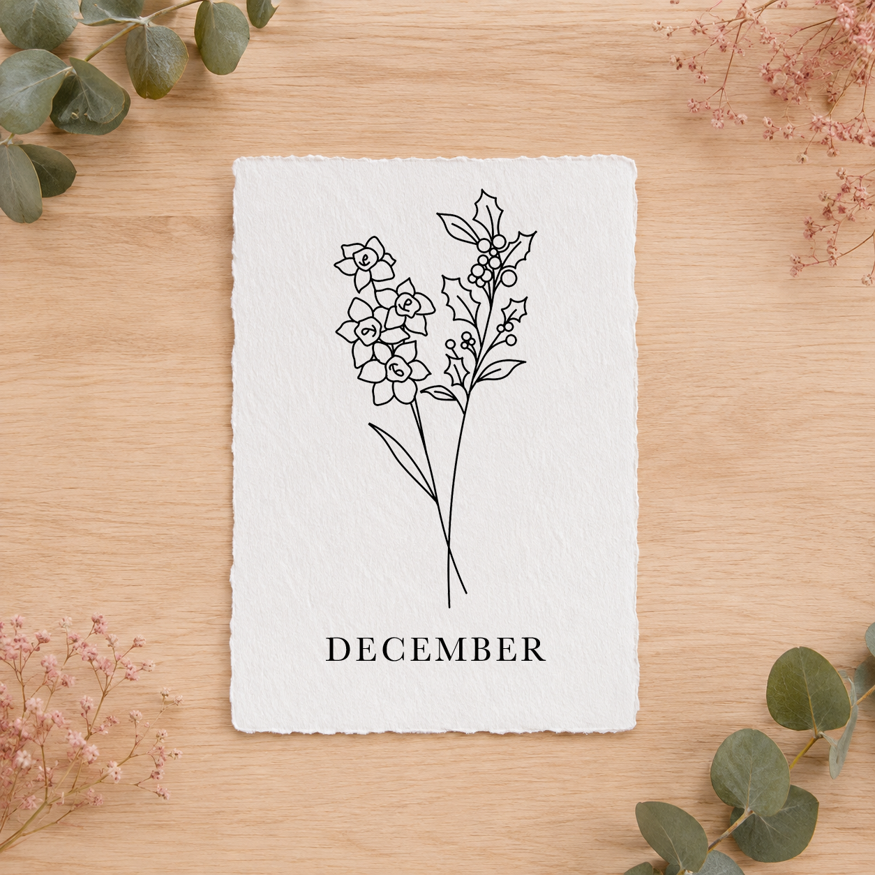 Geboortebloemenkaartje December | Gedrukt op Handgeschept Katoenpapier