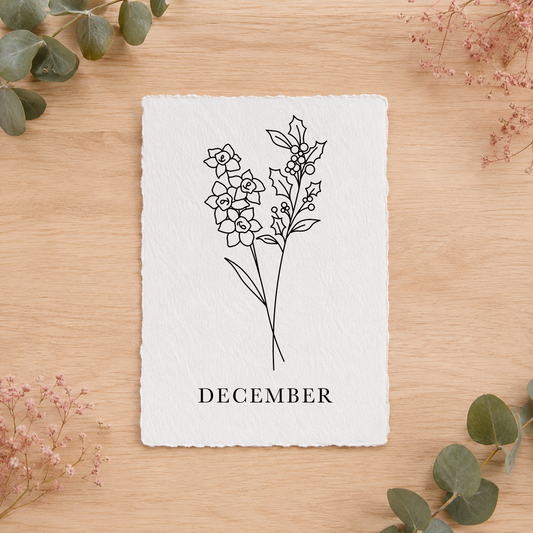 Geboortebloemenkaartje December | Gedrukt op Handgeschept Katoenpapier