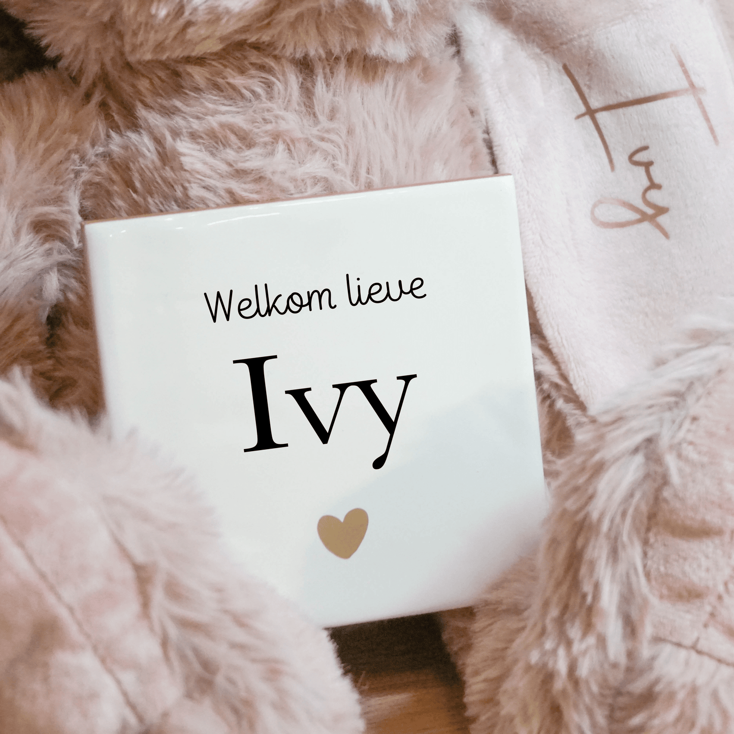 Gepersonaliseerd Knuffelkonijn Roze + Geboorte tegeltje | Uniek kraamcadeau