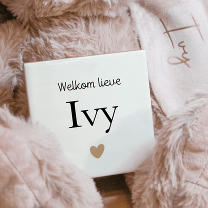 Gepersonaliseerd Knuffelkonijn Roze + Geboorte tegeltje | Uniek kraamcadeau