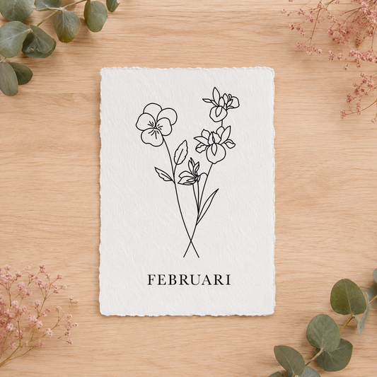 Geboortebloemenkaartje Februari | Gedrukt op Handgeschept Katoenpapier