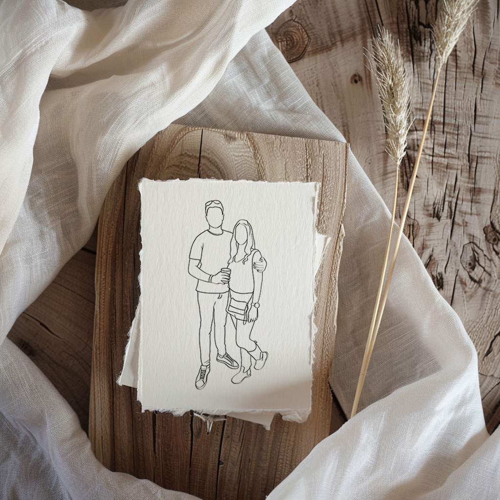 Portret Line Art Illustratie Op Handgeschept Katoenpapier