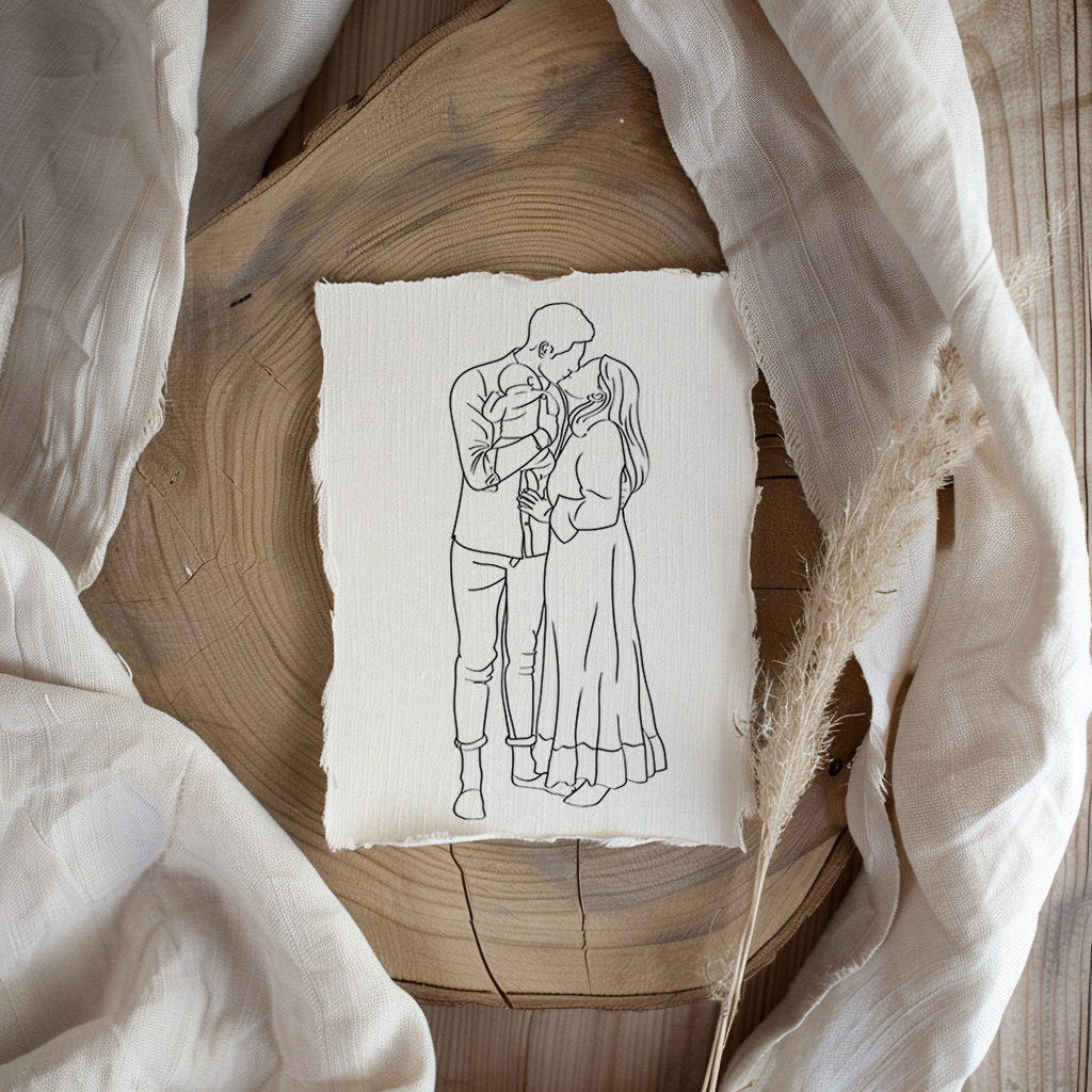 Portret Line Art Illustratie Op Handgeschept Katoenpapier