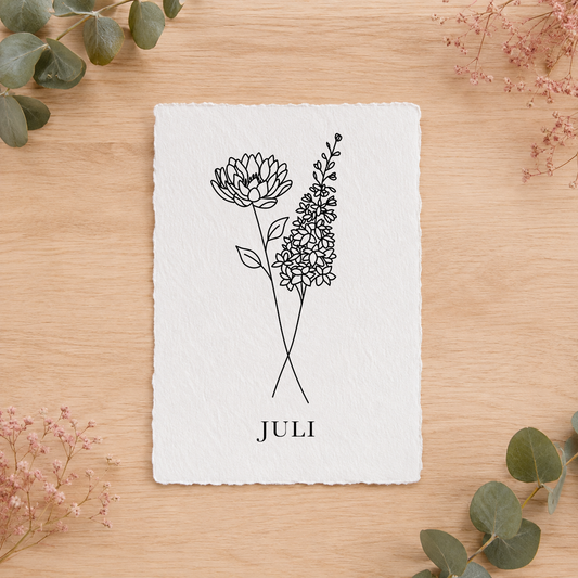 Geboortebloemenkaartje Juli | Gedrukt op Handgeschept Katoenpapier