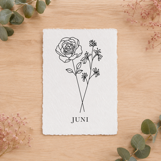 Geboortebloemenkaartje Juni | Gedrukt op Handgeschept Katoenpapier