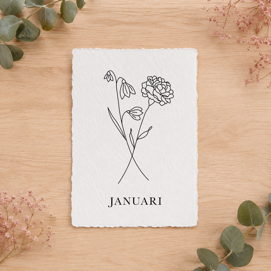 Geboortebloemenkaartje Januari | Gedrukt op Handgeschept Katoenpapier