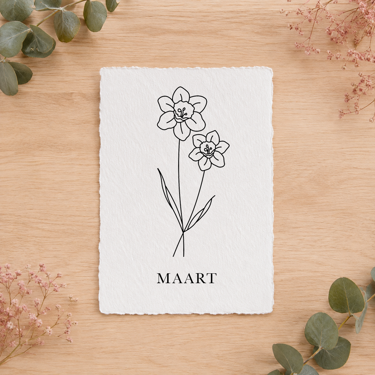 Geboortebloemenkaartje Maart | Gedrukt op Handgeschept Katoenpapier
