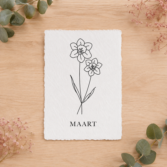 Geboortebloemenkaartje Maart | Gedrukt op Handgeschept Katoenpapier