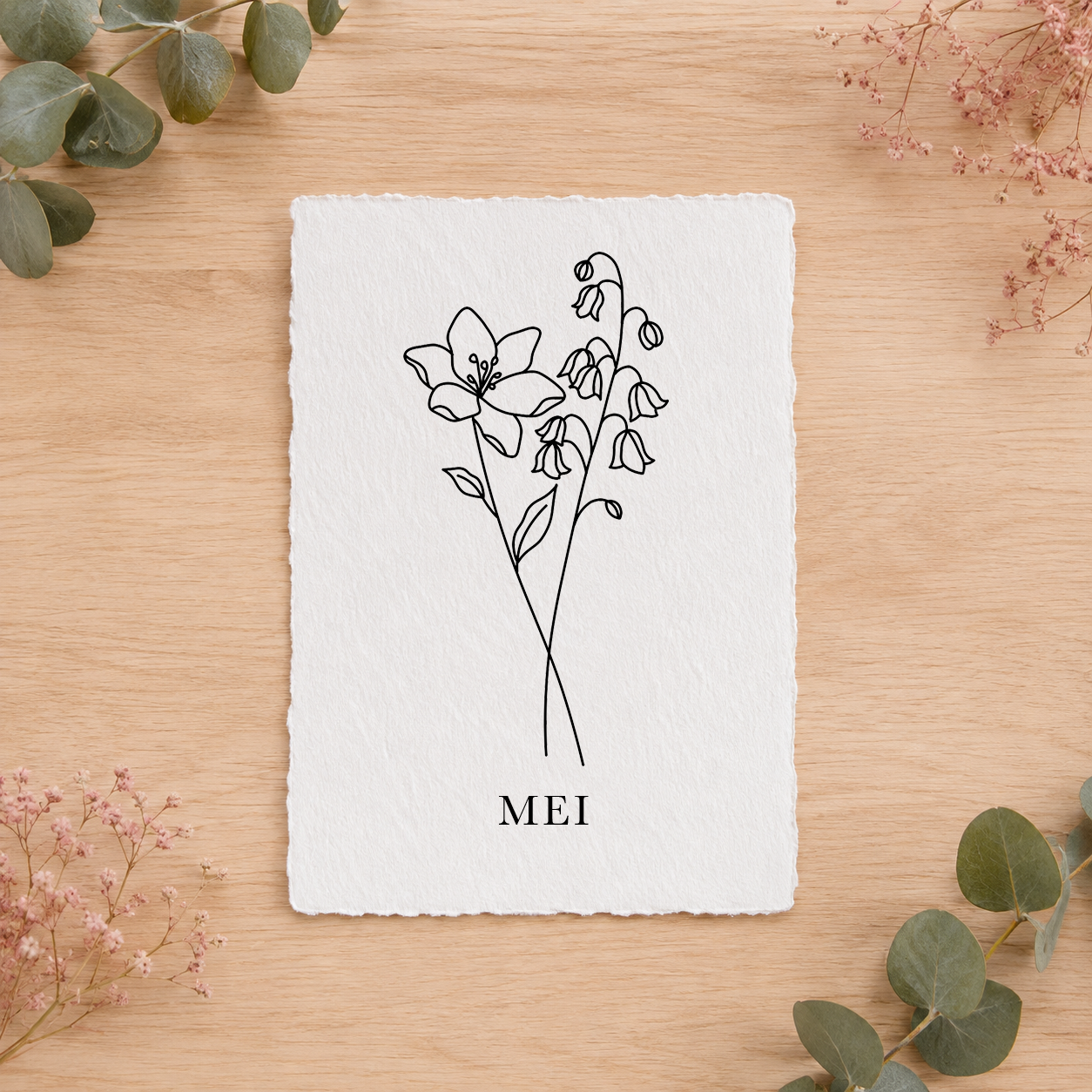 Geboortebloemenkaartje Mei | Gedrukt op Handgeschept Katoenpapier