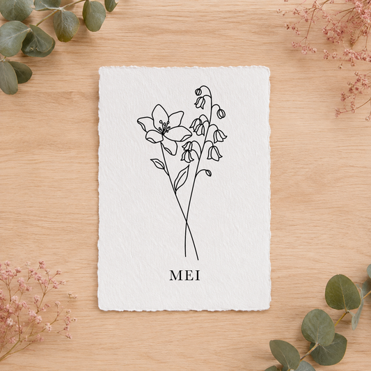 Geboortebloemenkaartje Mei | Gedrukt op Handgeschept Katoenpapier