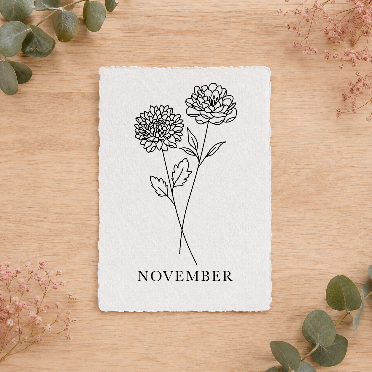 Geboortebloemenkaartje November | Gedrukt op Handgeschept Katoenpapier