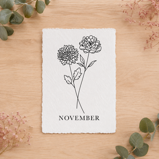 Geboortebloemenkaartje November | Gedrukt op Handgeschept Katoenpapier
