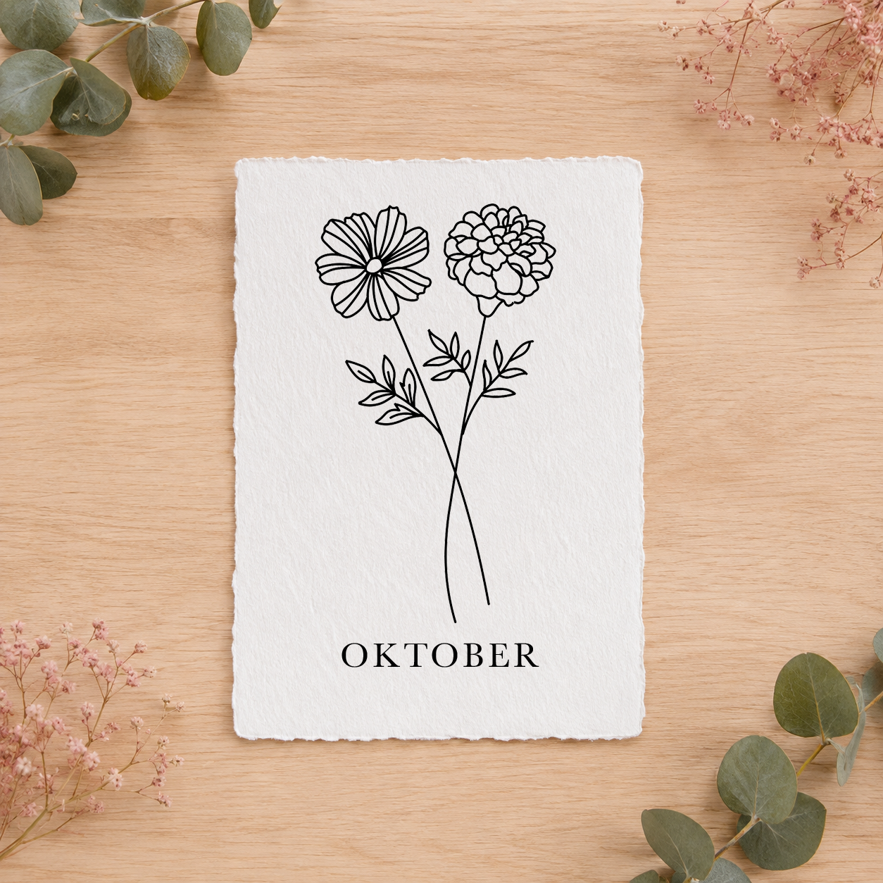 Geboortebloemenkaartje Oktober | Gedrukt op Handgeschept Katoenpapier