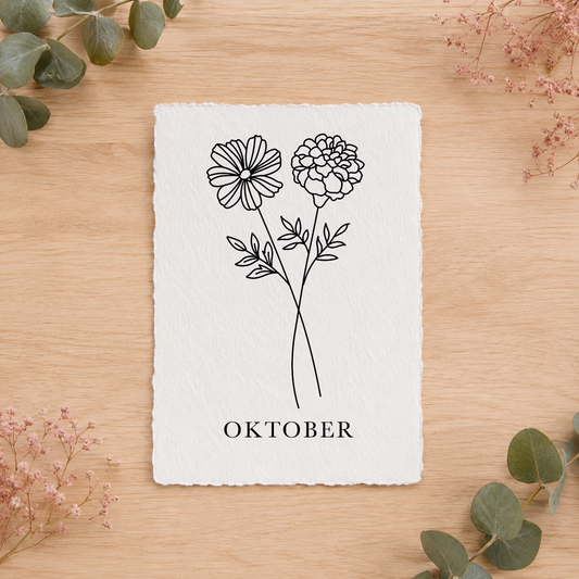 Geboortebloemenkaartje Oktober | Gedrukt op Handgeschept Katoenpapier