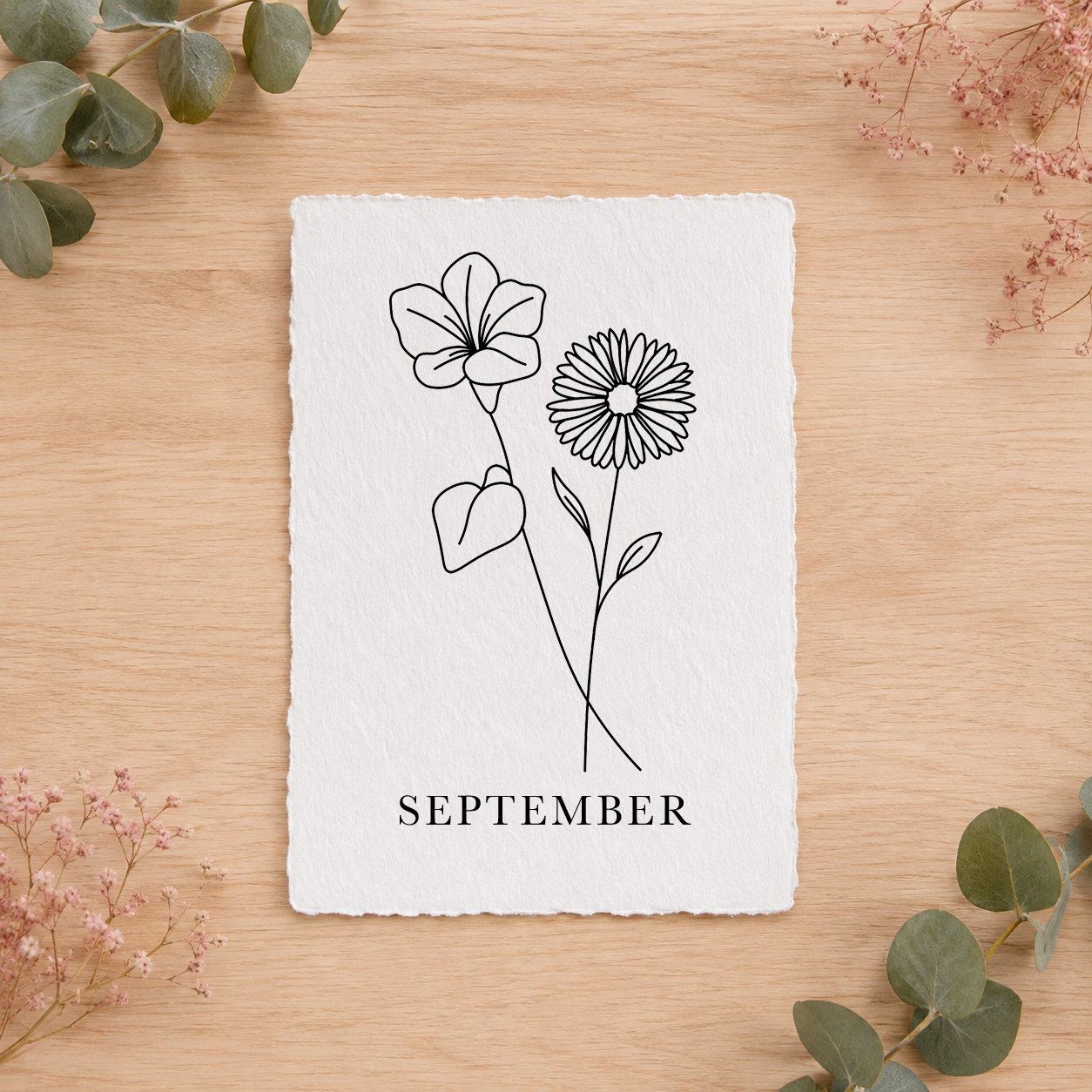 Geboortebloemenkaartje September | Gedrukt op Handgeschept Katoenpapier