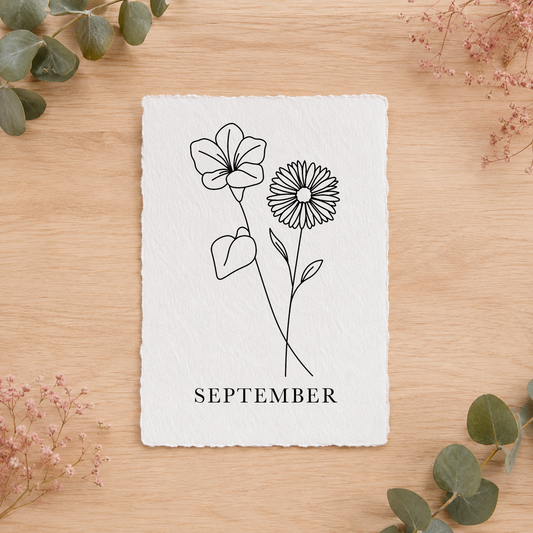 Geboortebloemenkaartje September | Gedrukt op Handgeschept Katoenpapier