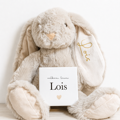 Gepersonaliseerd Knuffelkonijn Beige + Geboorte tegeltje | Uniek kraamcadeau