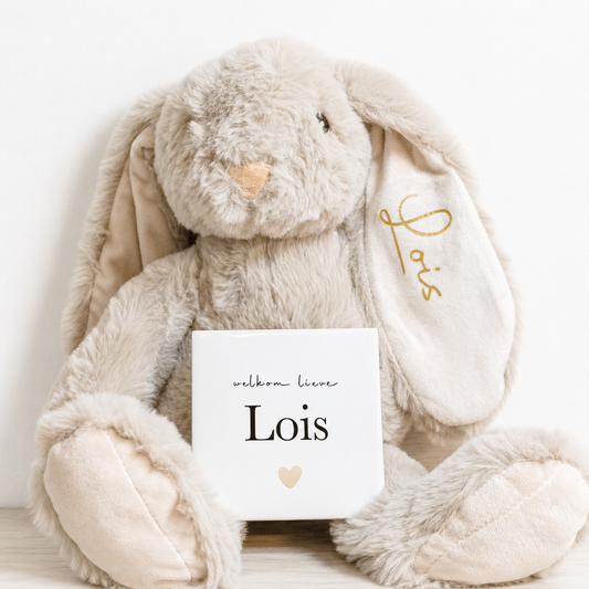 Gepersonaliseerd Knuffelkonijn Beige + Geboorte tegeltje | Uniek kraamcadeau