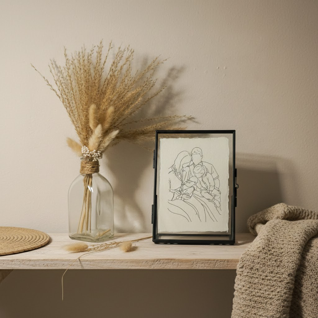 Portret Line Art Illustratie Op Handgeschept Katoenpapier